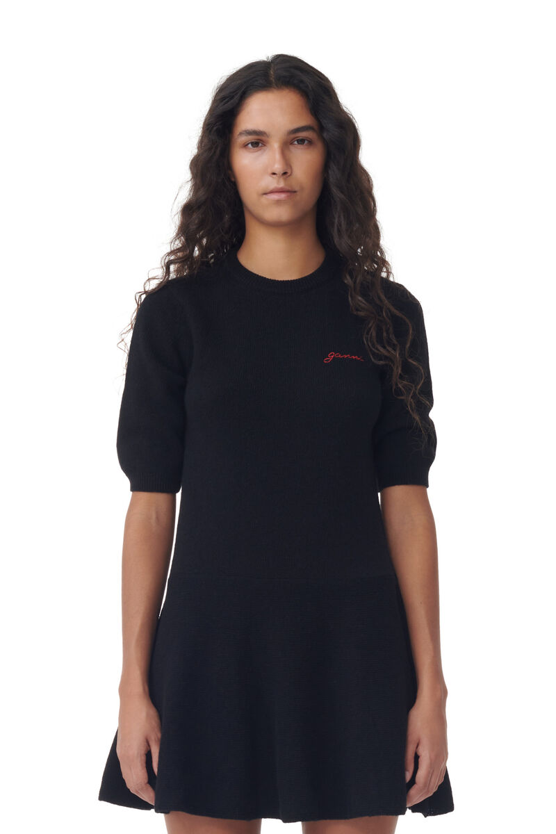 Black Logo Wool Mix Mini Dress, Recycled Polyamide, in colour Black - 2 - GANNI