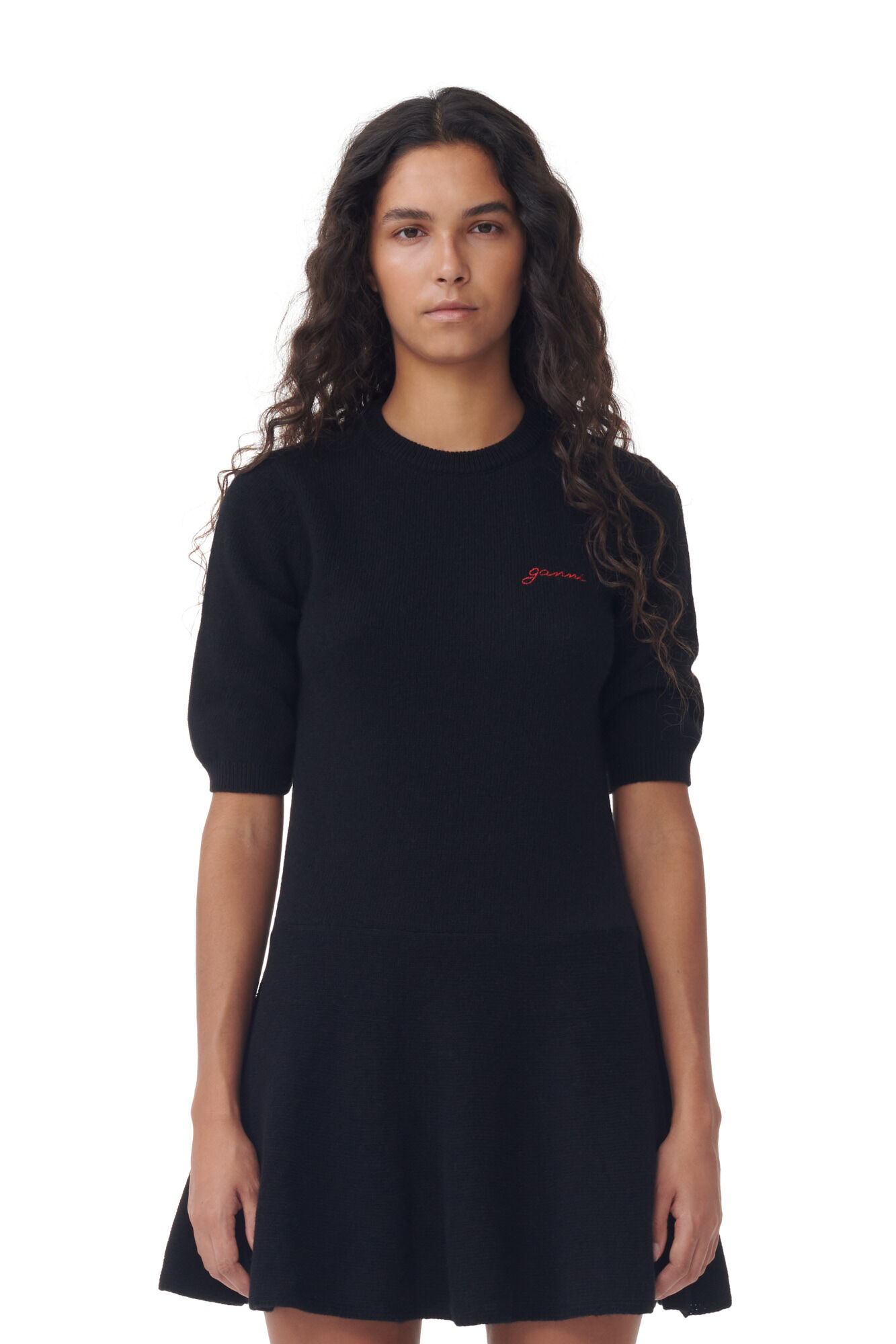 Black Logo Wool Mix Mini Kleid, Recycled Polyamide, in colour Black - 2 - GANNI
