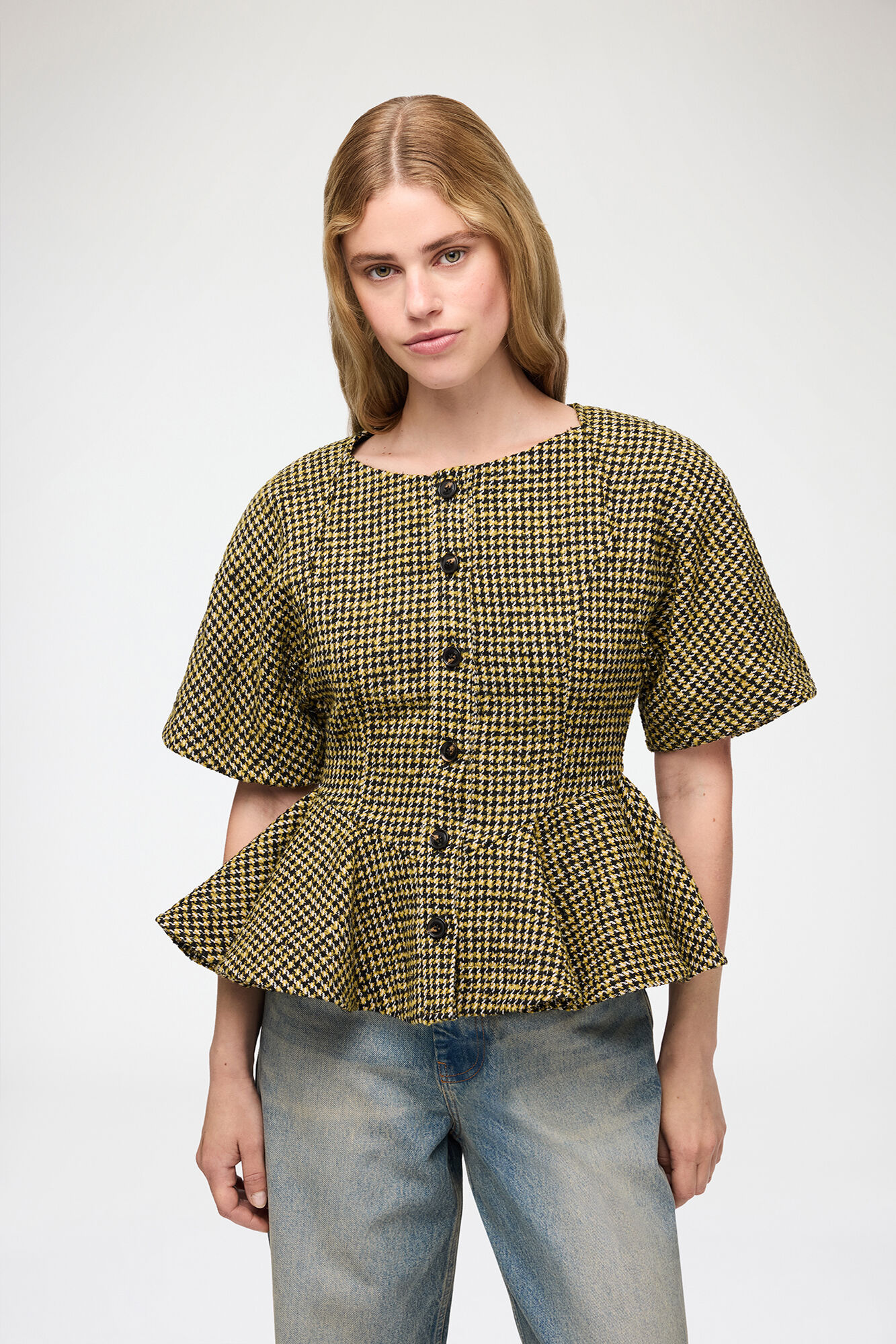 Blouse in Yellow Check, Recycled Polyester, in colour Blazing Yellow - 1 - GANNI