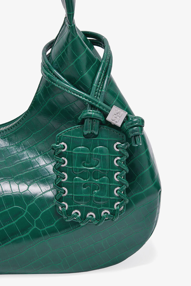 Mittelgroße Croco-Hobo-Tasche in Grün, Lyocell, in colour Pineneedle - 3 - GANNI
