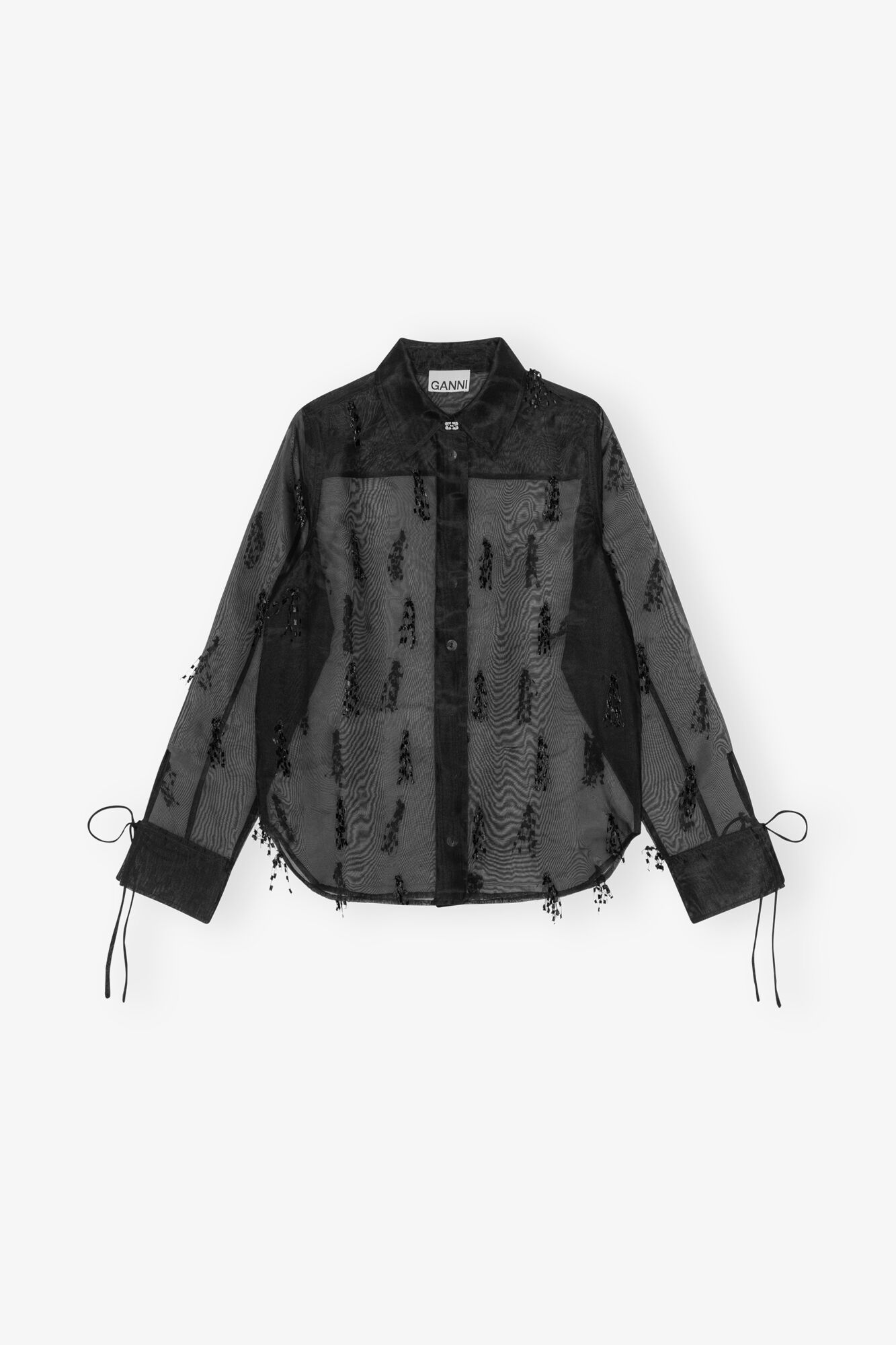 Black Fringed Organza Shirt, Recycled Polyester, in colour Black - 1 - GANNI