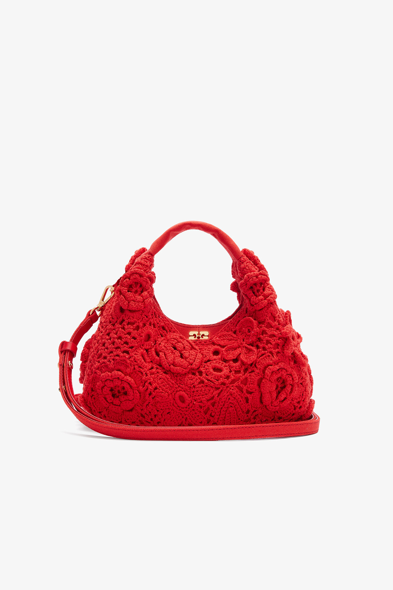 Mini Hobo Bag in Red Crochet, Organic Cotton, in colour Goji Berry - 1 - GANNI