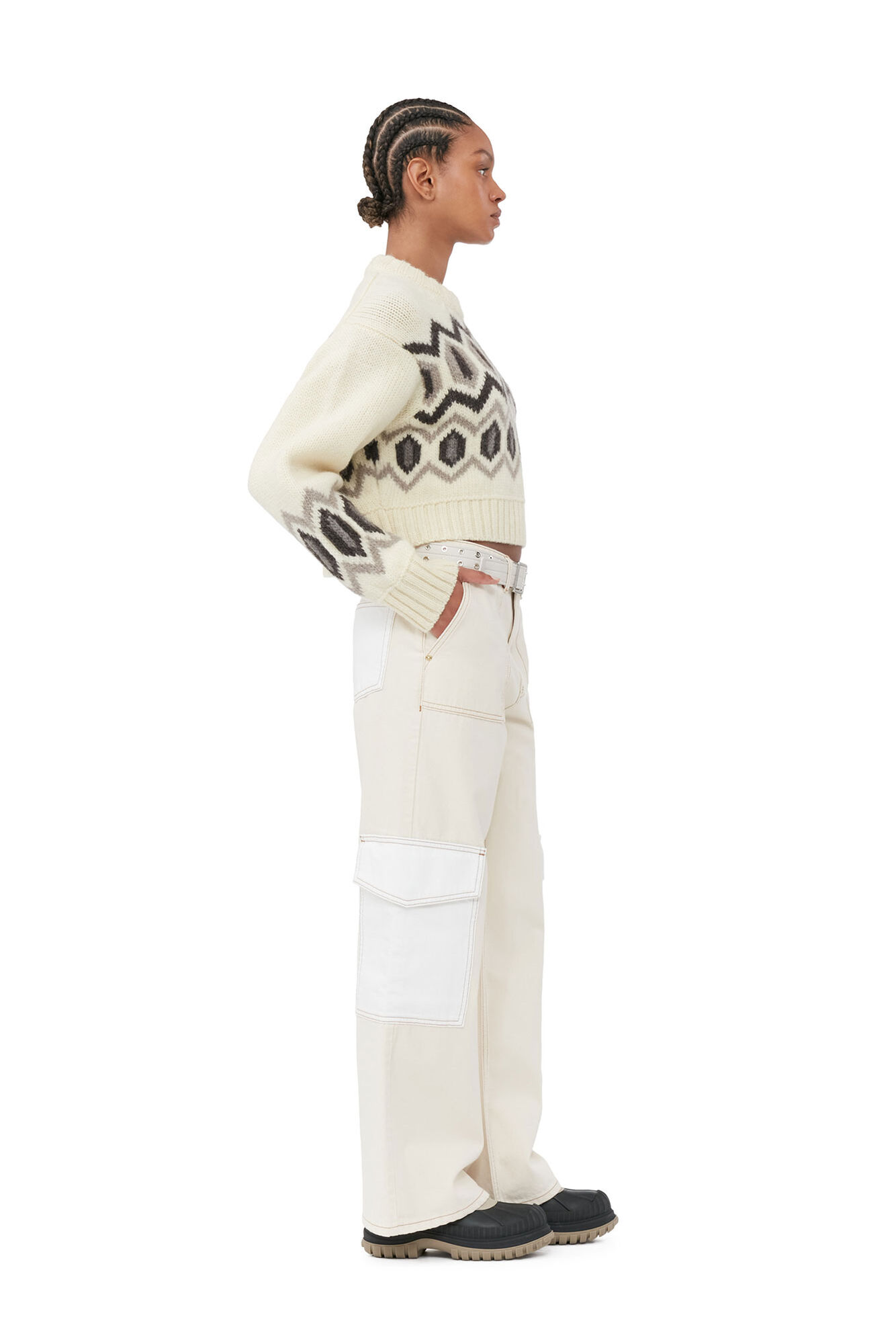 White Chunky Wool Cropped O-neck Sweater, Organic Wool, in colour Egret - 3 - GANNI