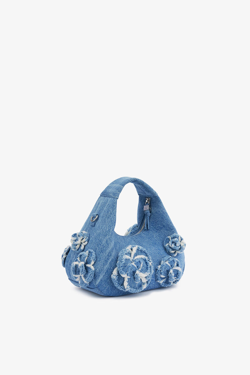 Mini Hobo Bag in Blue Denim, Organic Cotton, in colour Light Blue Vintage - 2 - GANNI