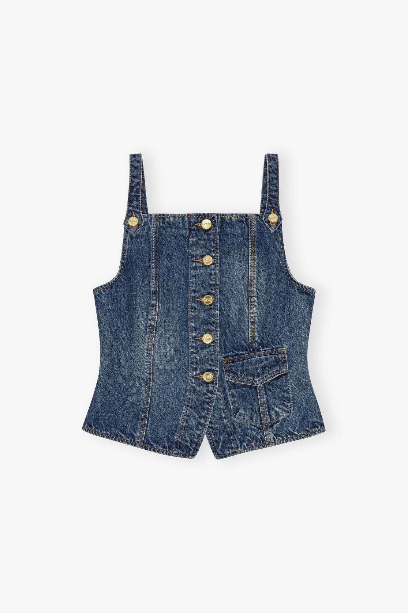 Dark Blue Heavy Washed Denim Top, Cotton, in colour Mid Blue Vintage - 1 - GANNI