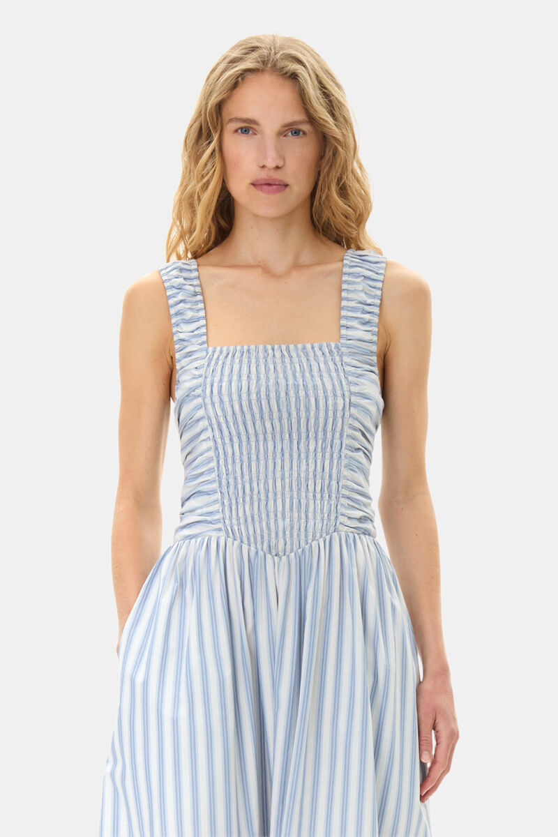 Blue Stripe Cotton Midi Strap Smock Dress, Cotton, in colour Egret - 2 - GANNI