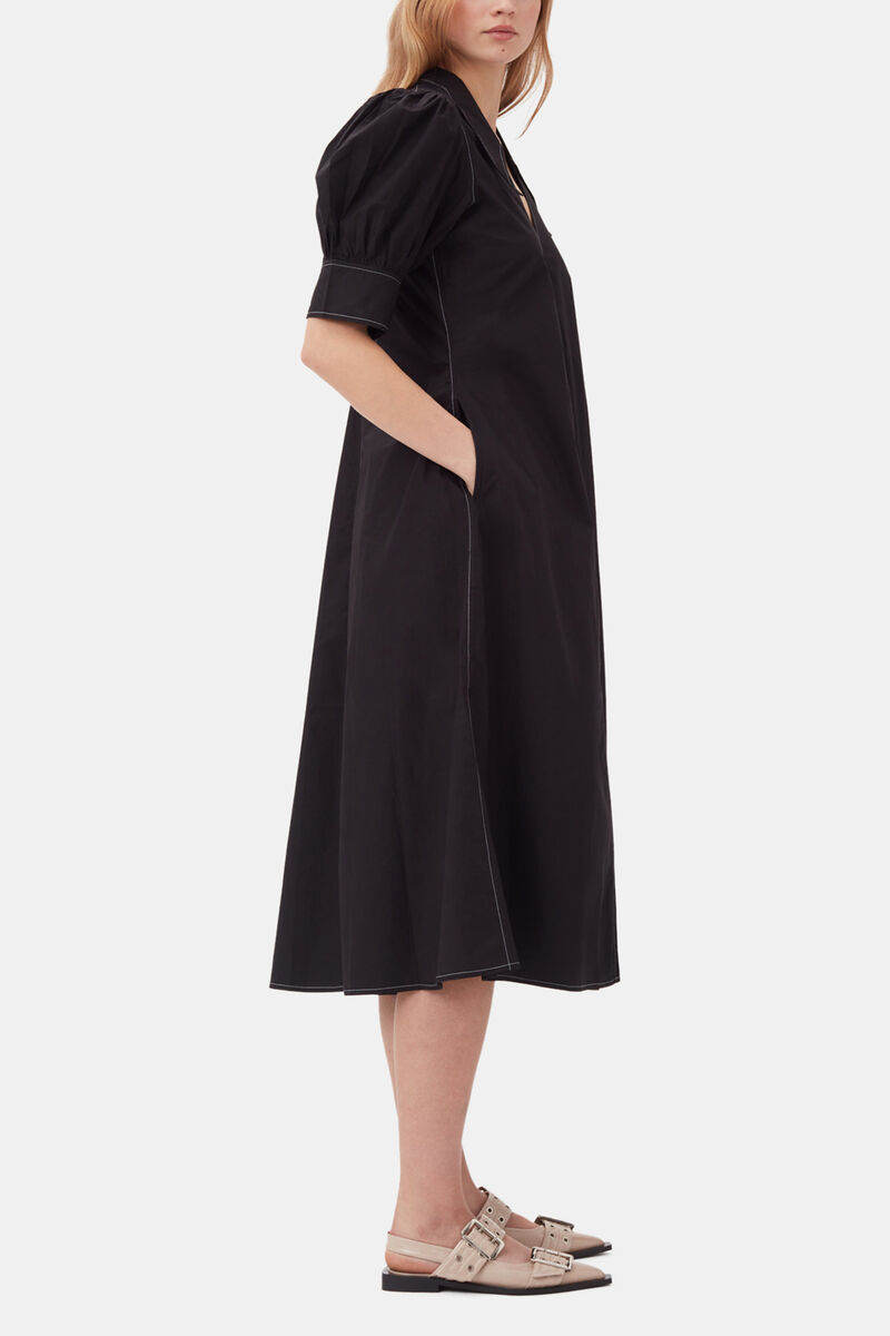 Cotton Poplin V-Neck Midi Dress, Cotton, in colour Black - 3 - GANNI