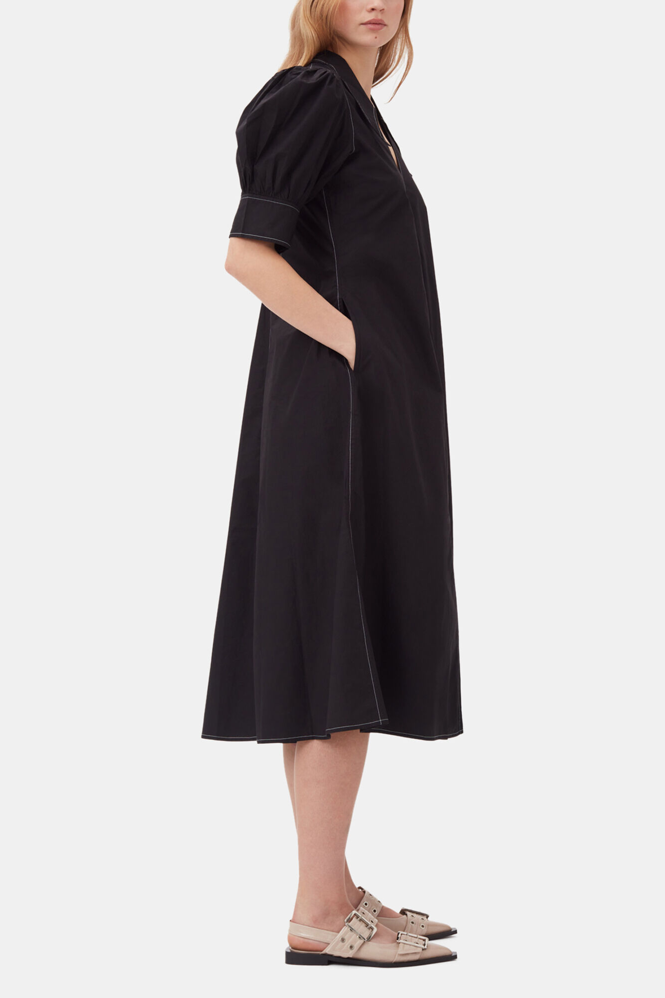 Cotton Poplin V-Neck Midi Dress, Cotton, in colour Black - 3 - GANNI