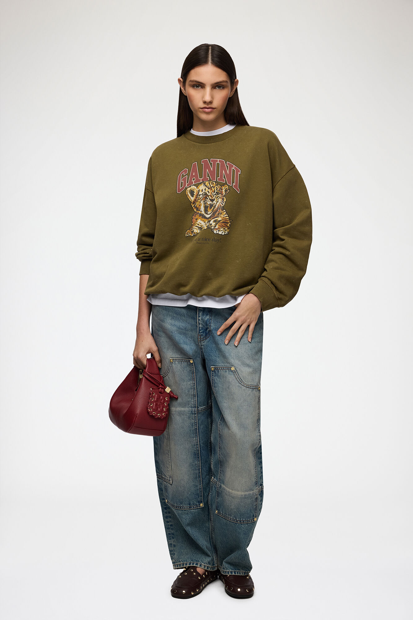 Crewneck with Tiger, Organic Cotton, in colour Military Olive - 2 - GANNI