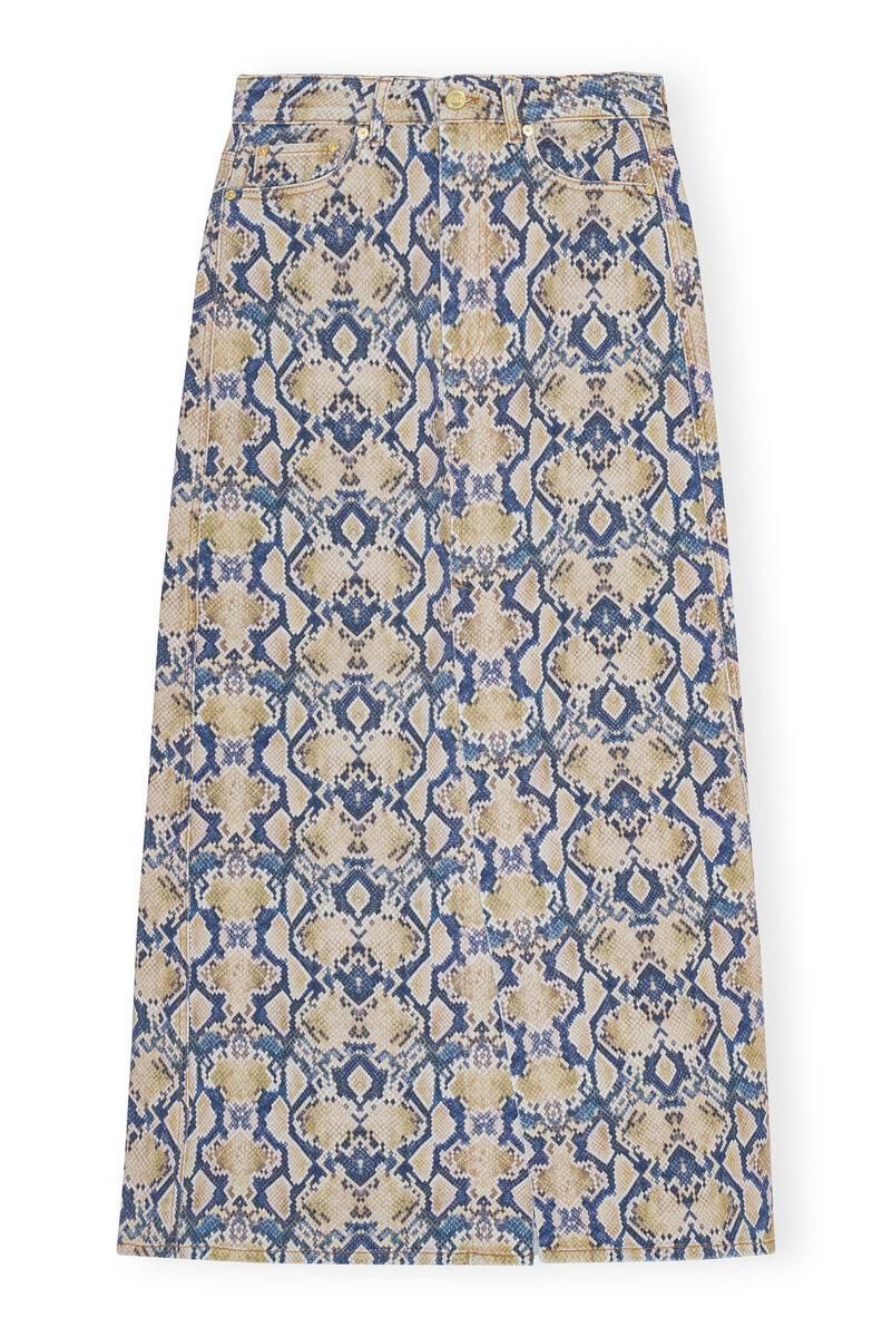 Snake Printed Denim Maxi Slit Skirt, Cotton, in colour Safari - 1 - GANNI