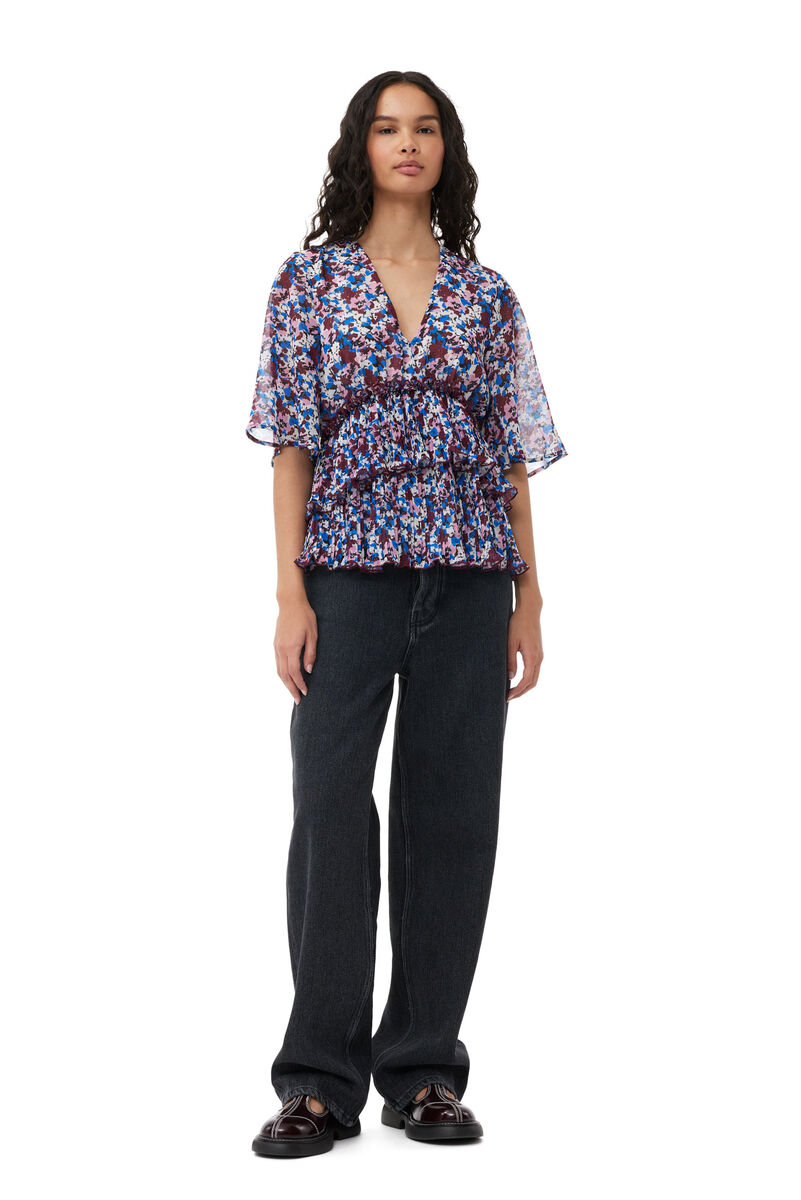 Multicolour Multicolour Pleated Georgette V-neck Flounce Bluse 