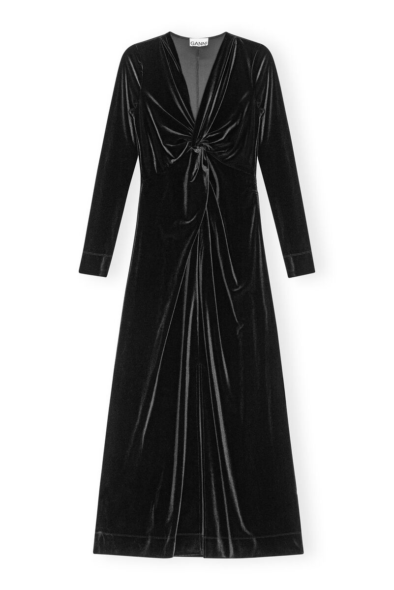 Black Velvet Jersey Twist Long Dress, Recycled Polyester, in colour Black - 1 - GANNI