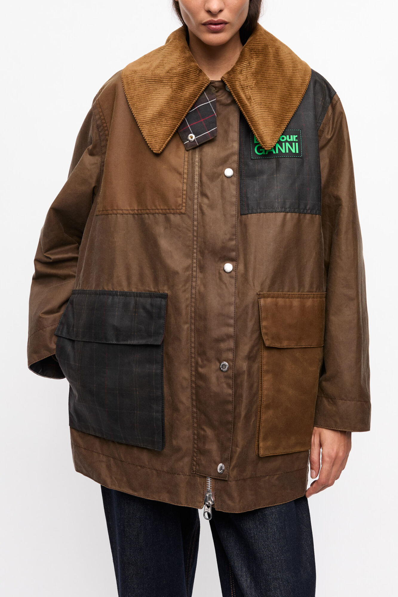 GANNI x Barbour Waxed Duffle Coat, Organic Cotton, in colour Teak - 2 - GANNI