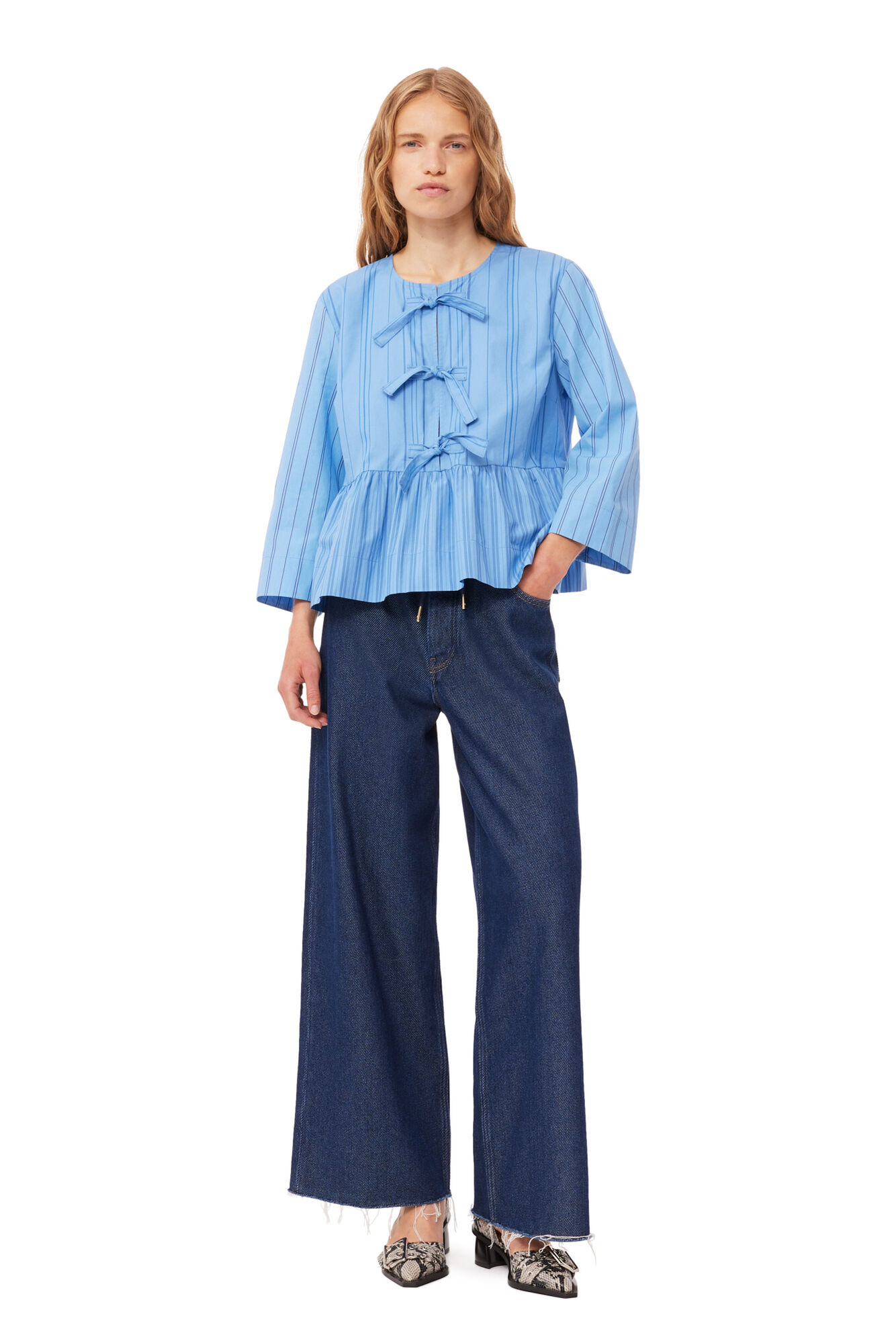 Re-cut Striped Cotton Peplum Blouse, Cotton, in colour Silver Lake Blue - 2 - GANNI