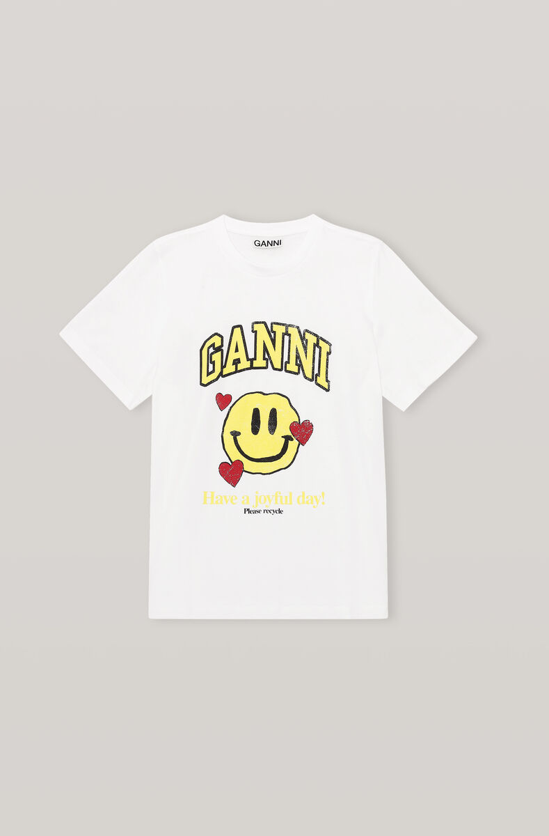 Basic Cotton Jersey T-shirt, Smiley Love, in colour Bright White - 1 - GANNI