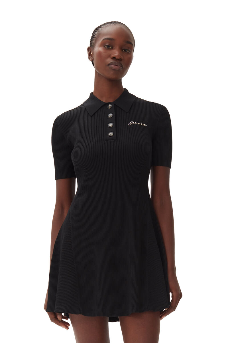 Black Melange Knit Mini Dress, Elastane, in colour Black - 2 - GANNI