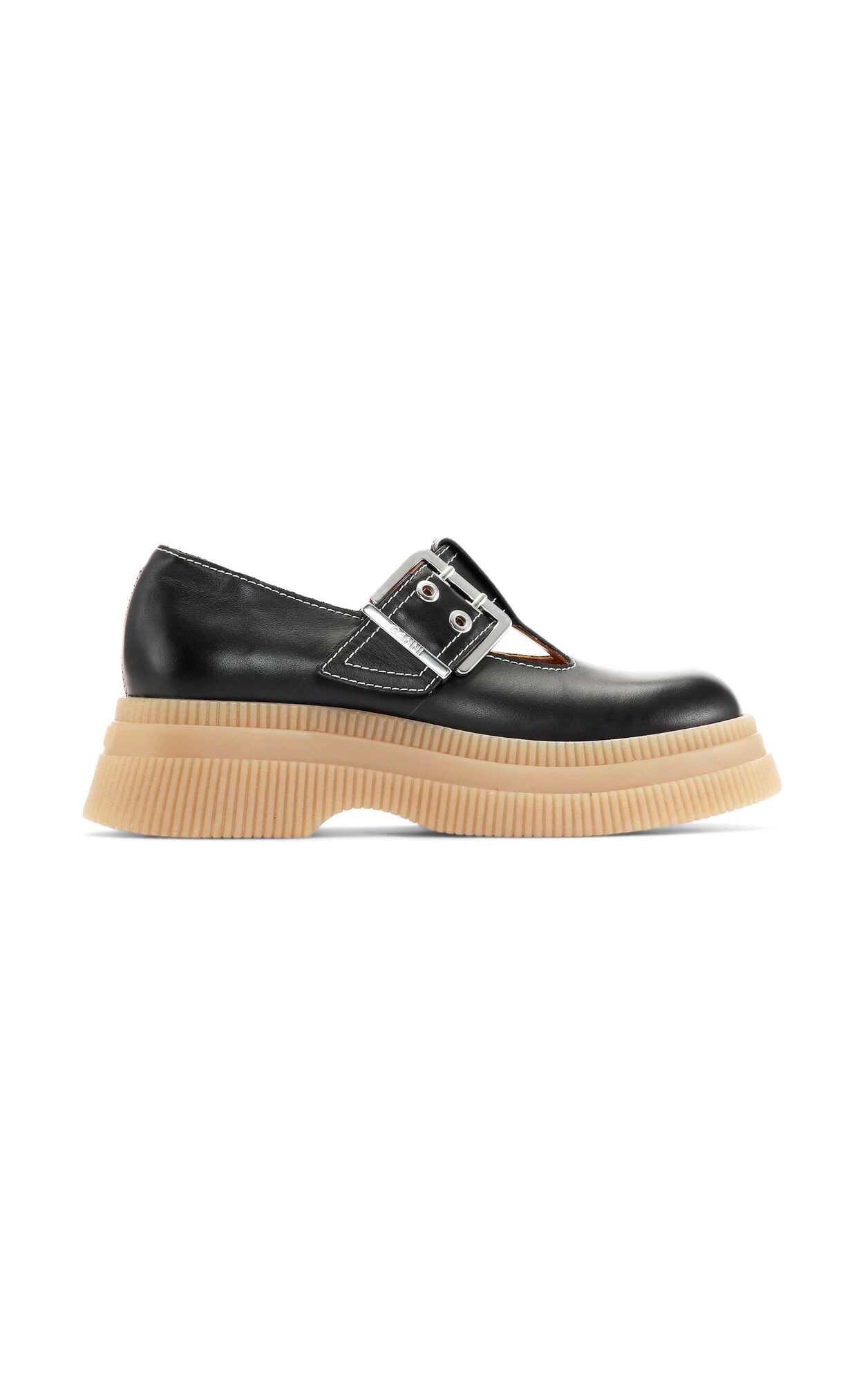 Calf Leather Creepers T-Strap, Leather, in colour Black - 1 - GANNI