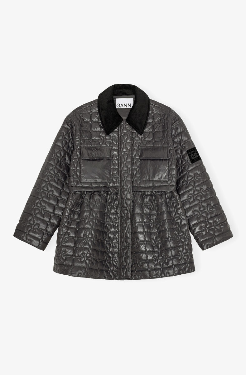 Dark Grey Quilt Midi Jacket, in colour Phantom - 1 - GANNI