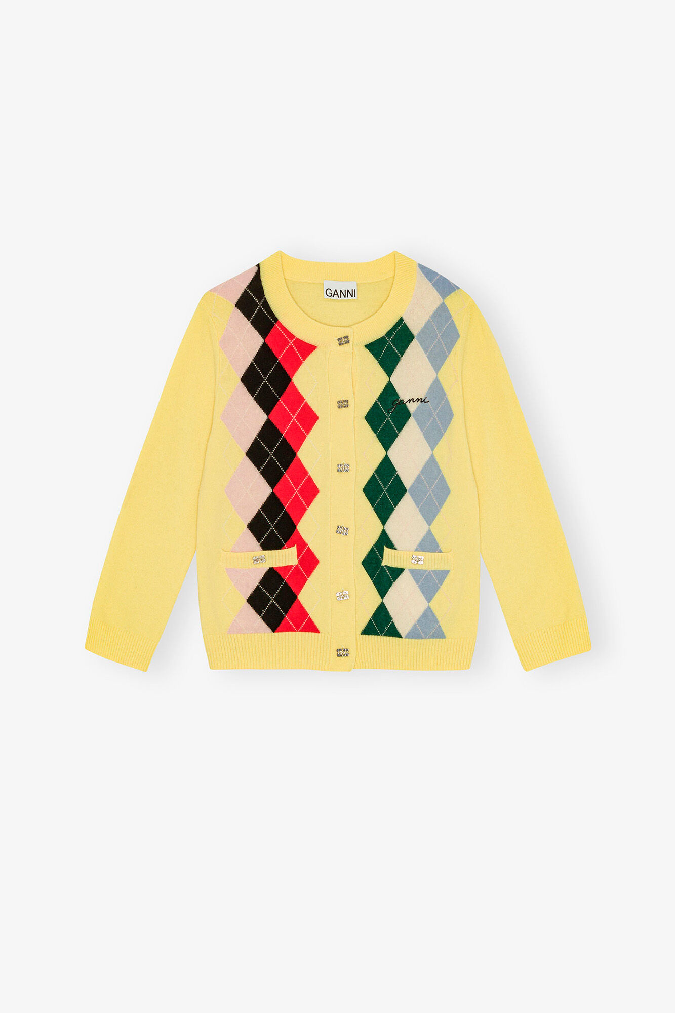 Gul, rutete cardigan, Merino Wool, in colour Pear Sorbet - 1 - GANNI