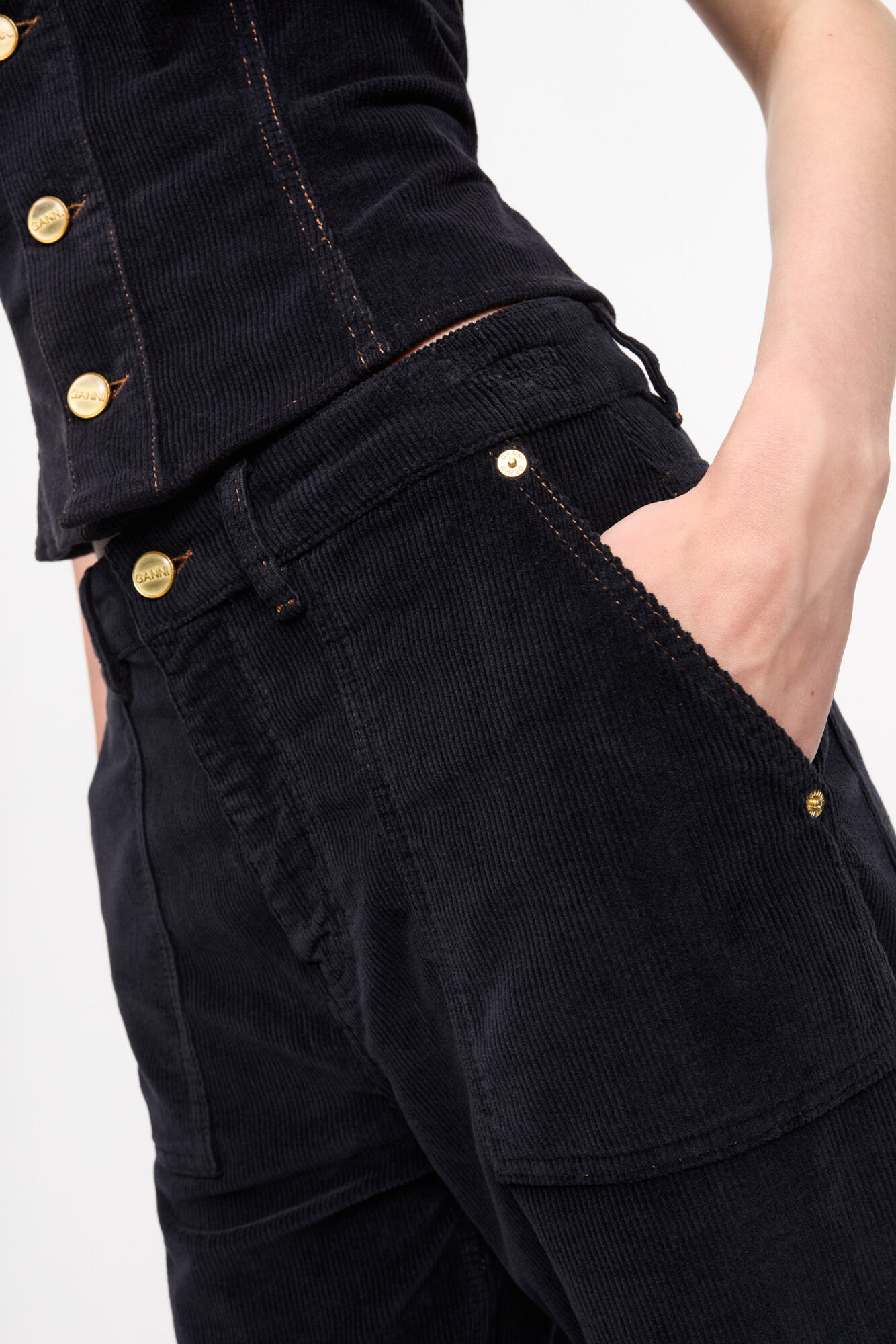Blue Washed Corduroy Cargo Pants, Elastane, in colour Sky Captain - 4 - GANNI