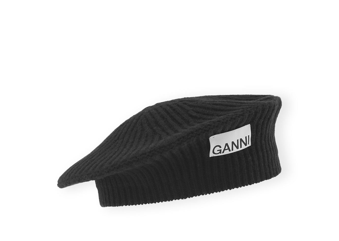 Wool Rib Knit Beret , Recycled Polyamide, in colour Black - 1 - GANNI