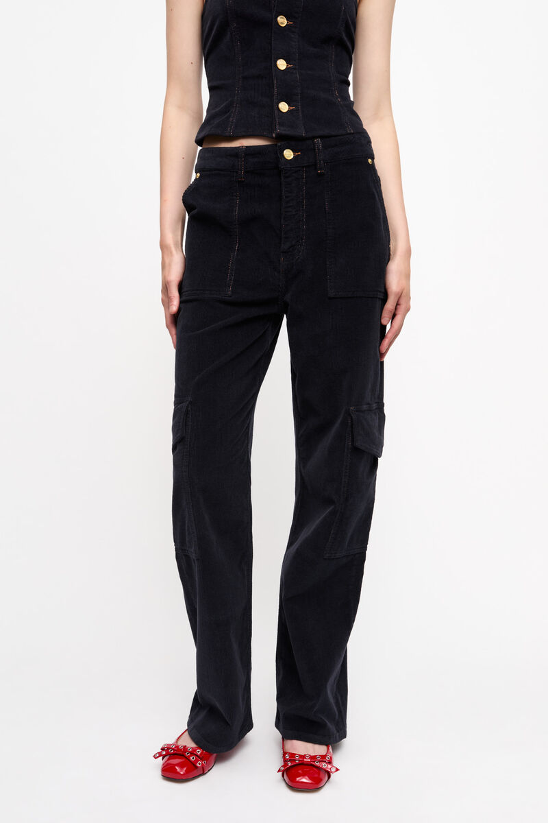 Blue Washed Corduroy Cargo Pants, Elastane, in colour Sky Captain - 2 - GANNI