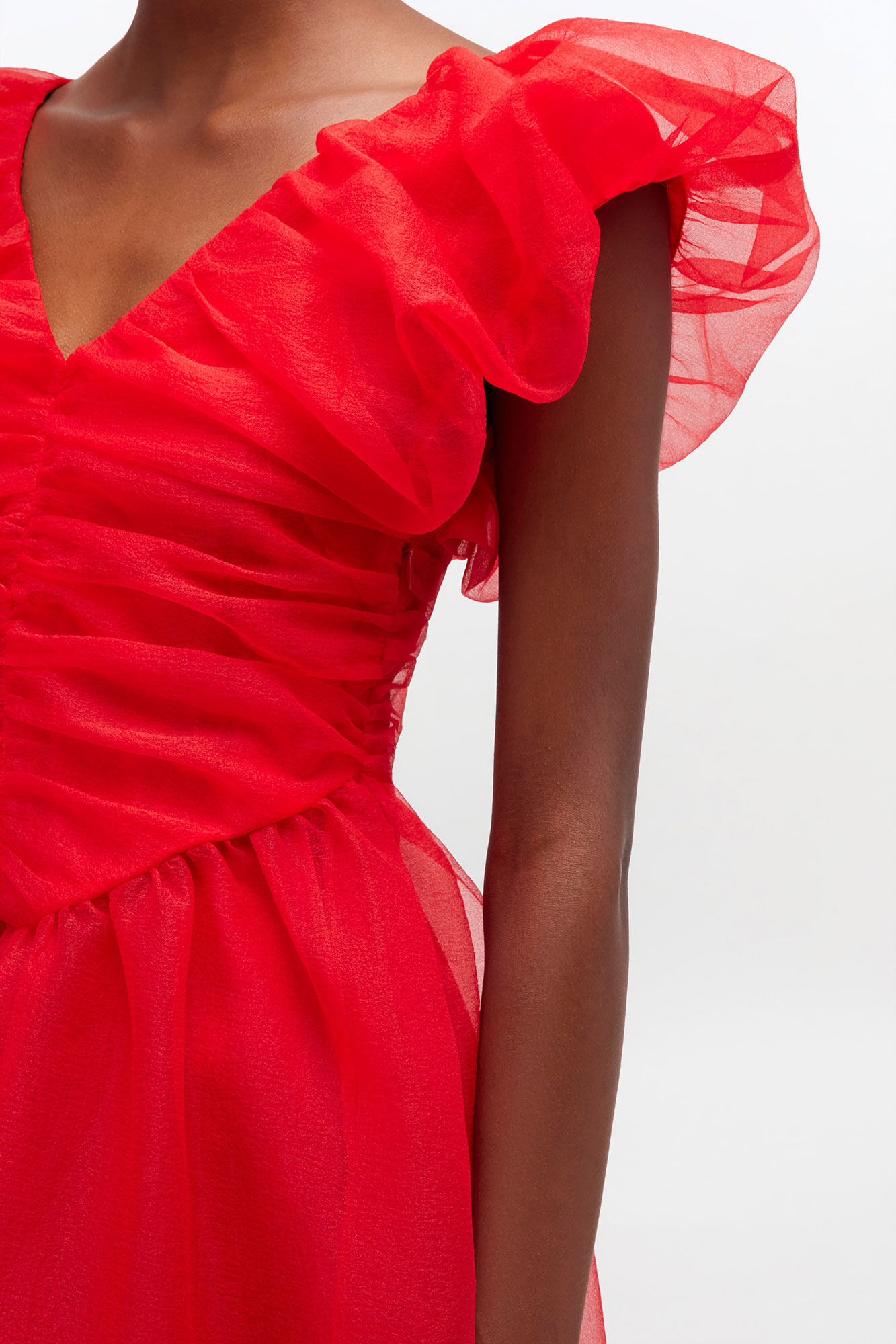 Red Organza Ruched Dress, in colour Mars Red - 3 - GANNI