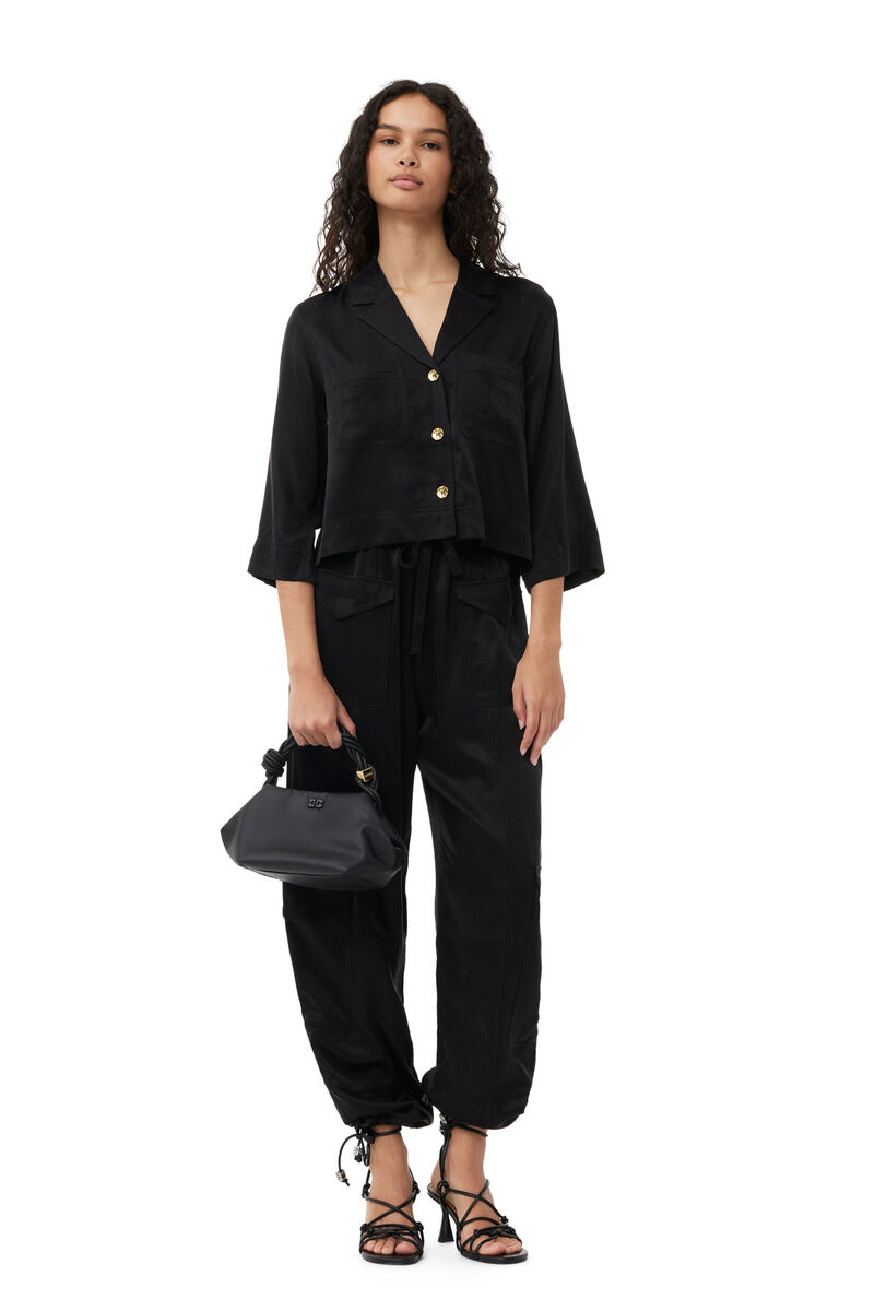 Black Washed Satin Pocket Trousers, Cupro, in colour Black - 4 - GANNI