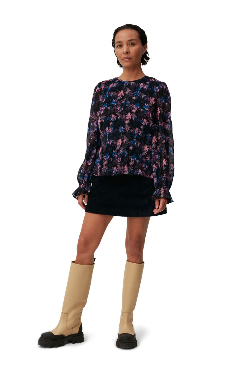 Pleated Georgette Smock Blouse, Recycled Polyester, in colour Daisy Spray Lilac Sachet - 1 - GANNI