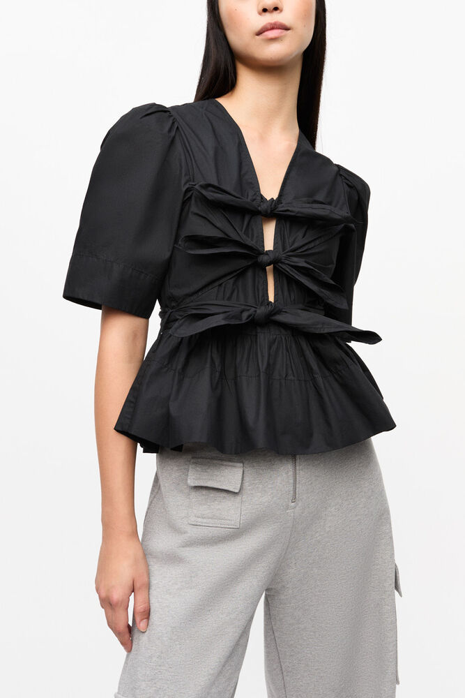 Black Stretch Cotton Tie Strap Blouse, Black