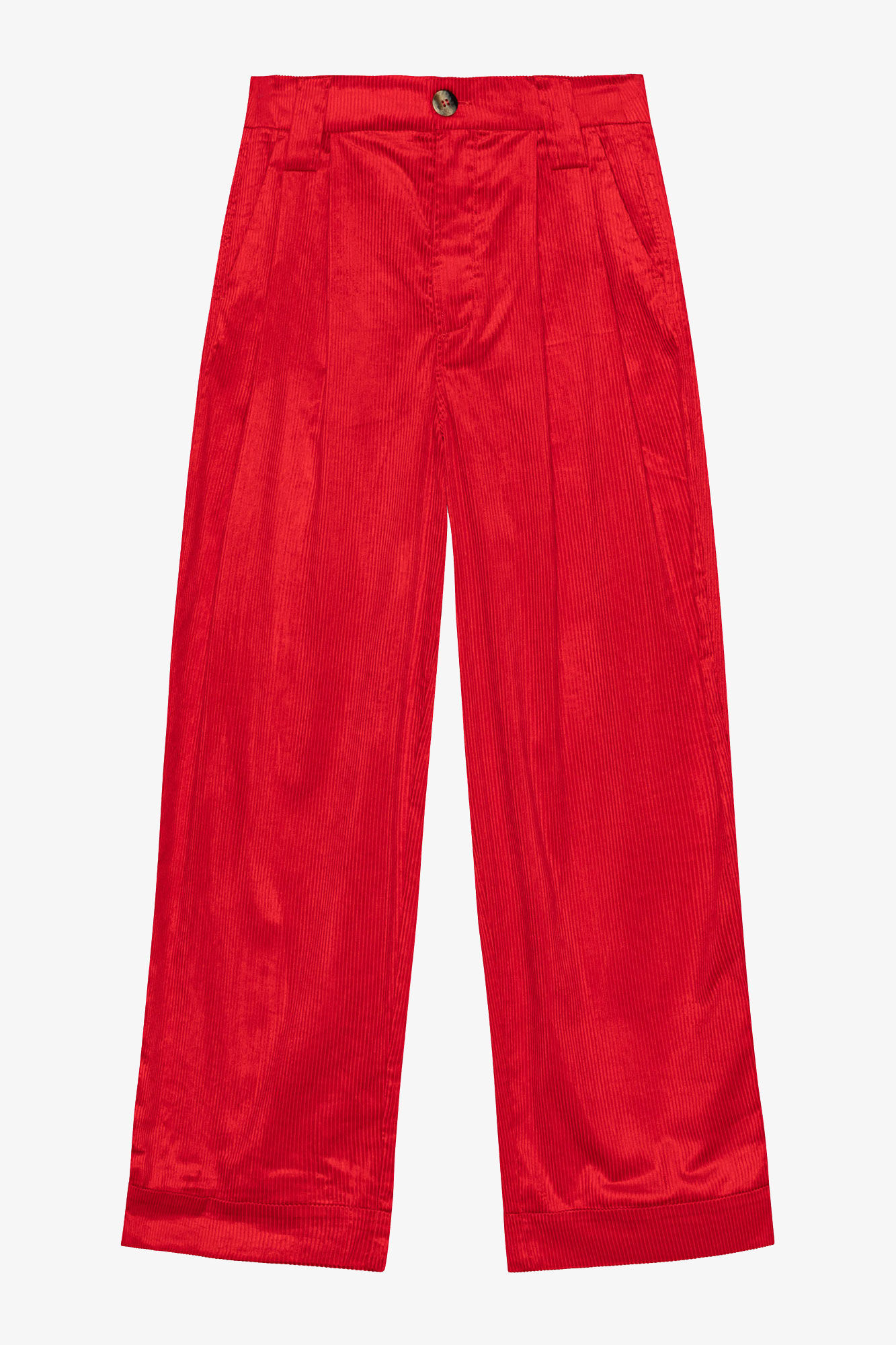 Red Shiny Corduroy Loose Pleat Pants, Organic Cotton, in colour High Risk Red - 1 - GANNI