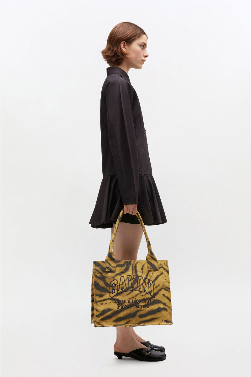 Zebra Print Large Tote, Recycled Cotton, in colour Khaki - 1 - GANNI