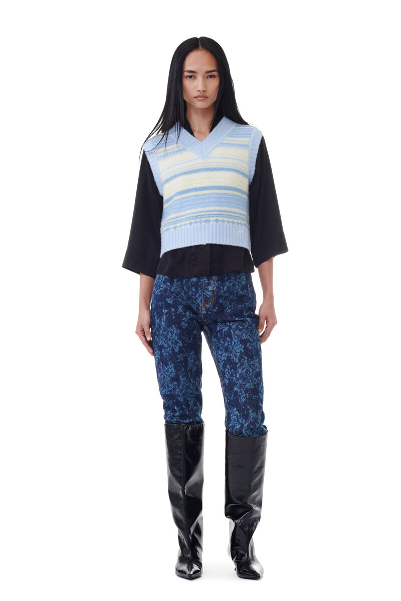 Blue Striped Soft Wool Vest, Alpaca, in colour Skyway - 2 - GANNI