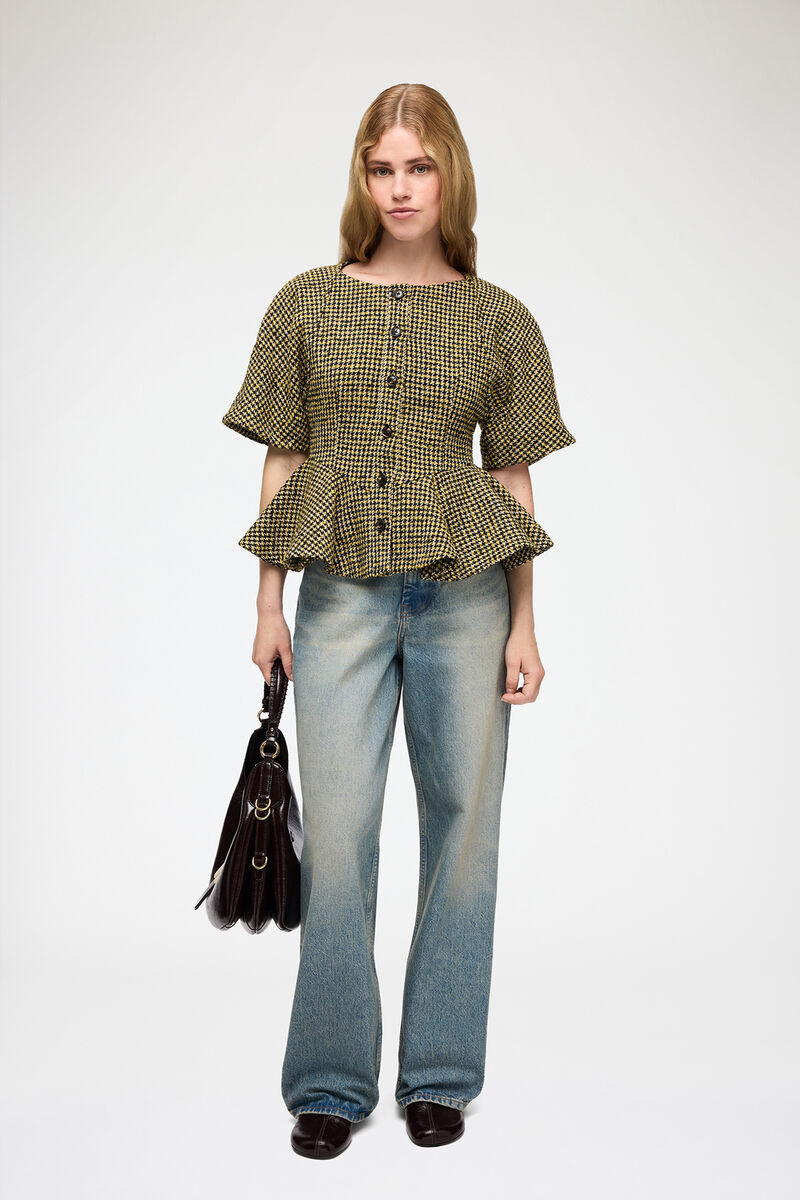 Blouse in Yellow Check, Recycled Polyester, in colour Blazing Yellow - 2 - GANNI