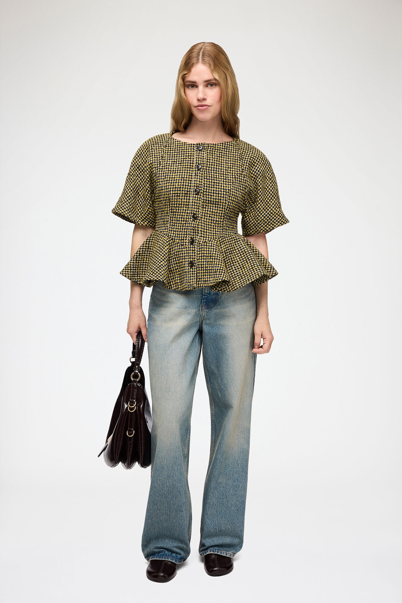 Blouse in Yellow Check, Recycled Polyester, in colour Blazing Yellow - 2 - GANNI