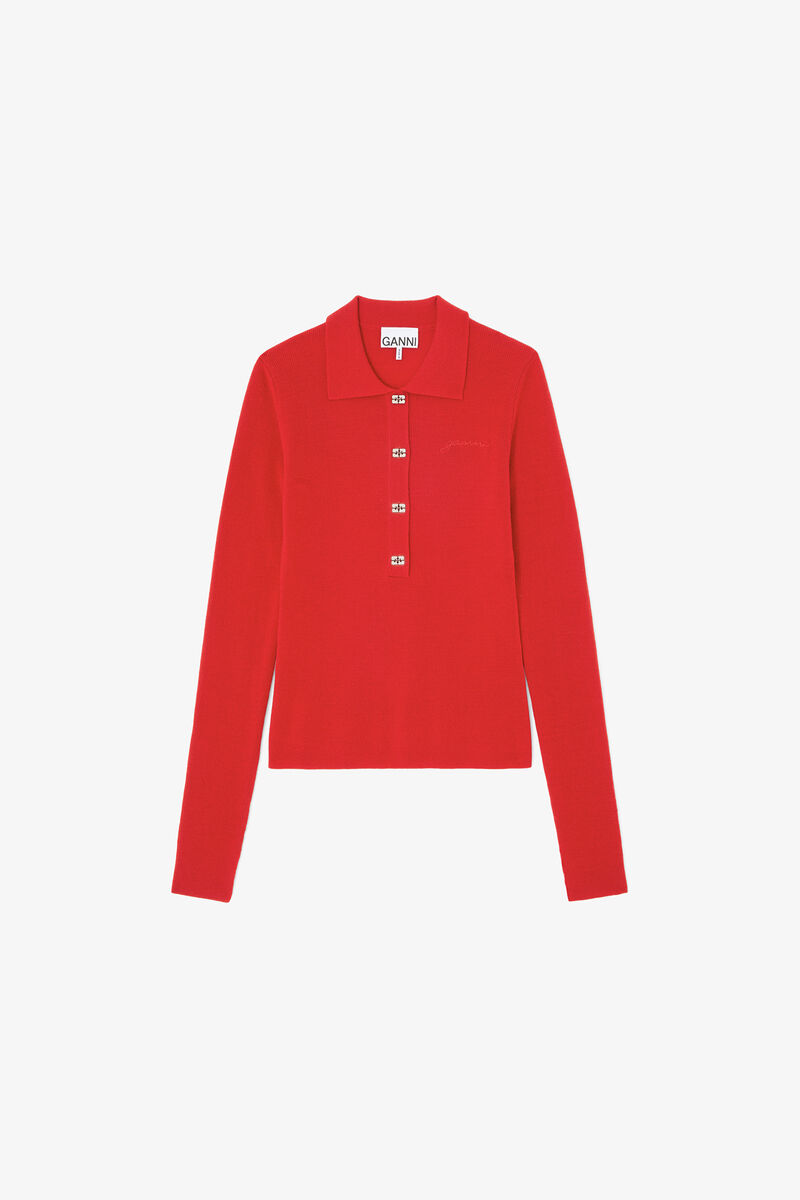 Polo Shirt in Red Merino, Wool, in colour Goji Berry - 1 - GANNI