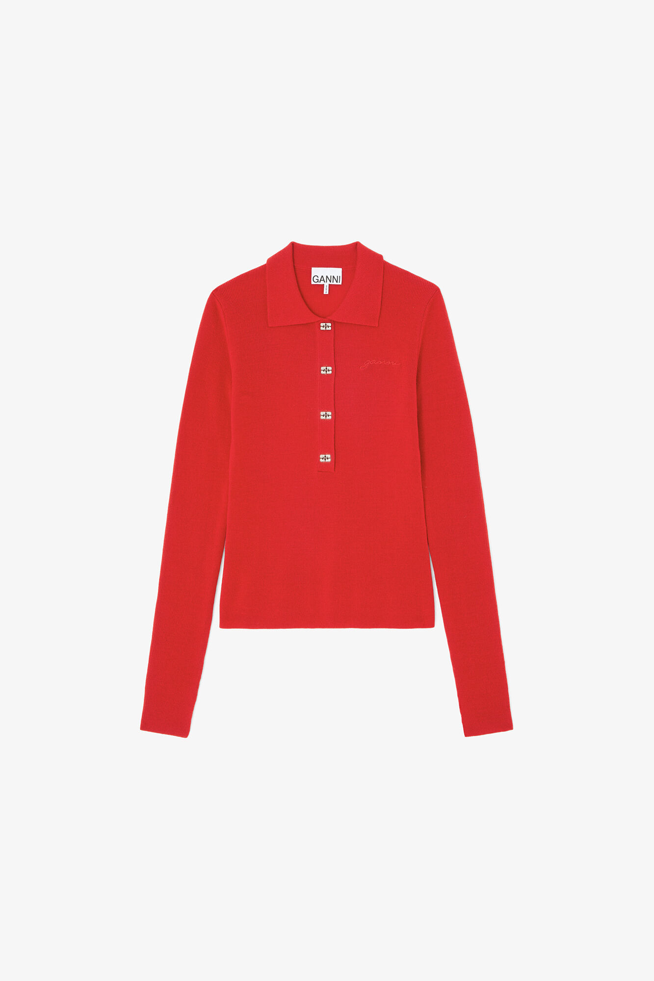 Polo Shirt in Red Merino, Wool, in colour Goji Berry - 1 - GANNI