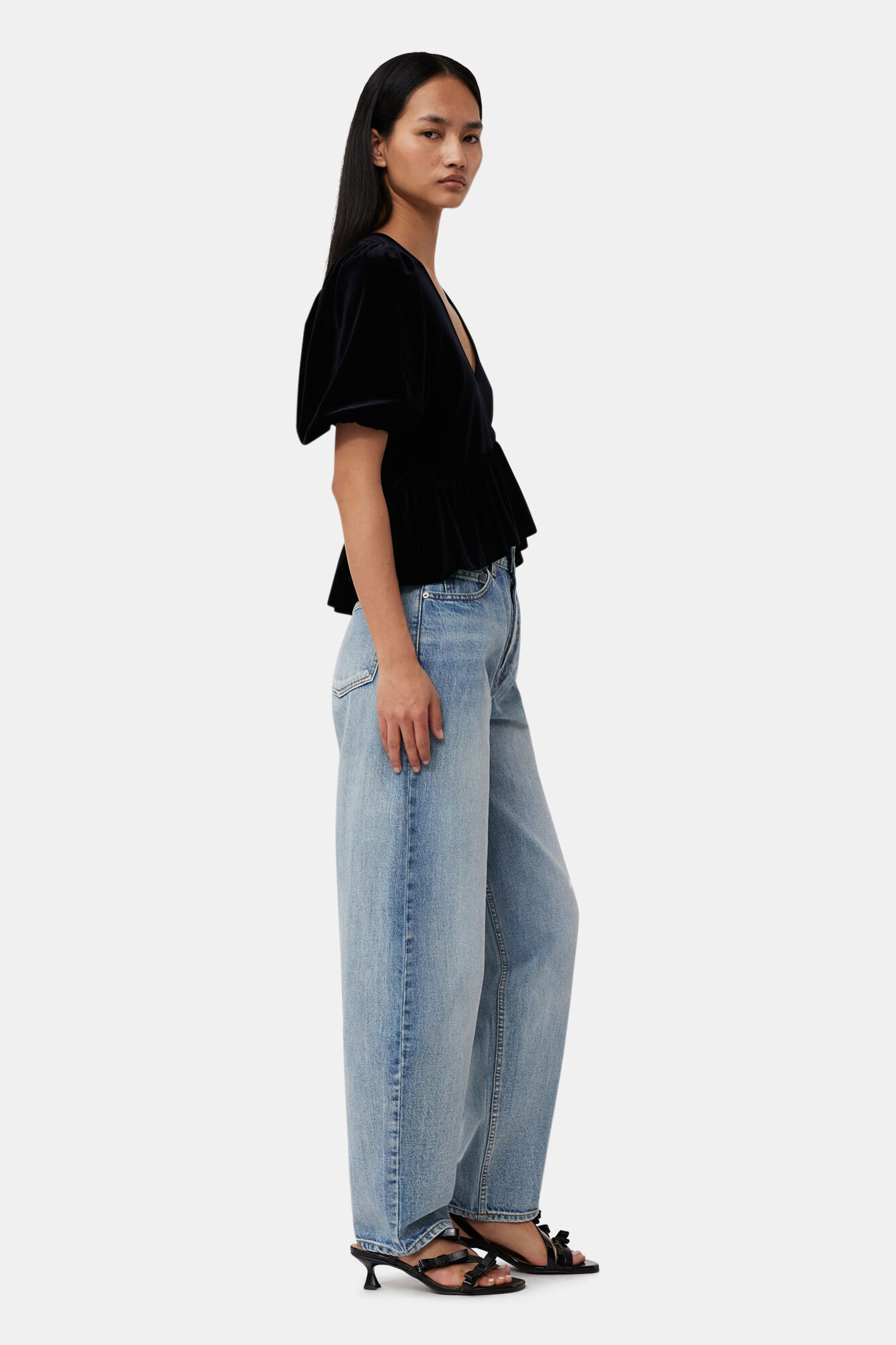 Black Velvet Jersey V-neck Blouse, Recycled Polyester, in colour Black - 4 - GANNI