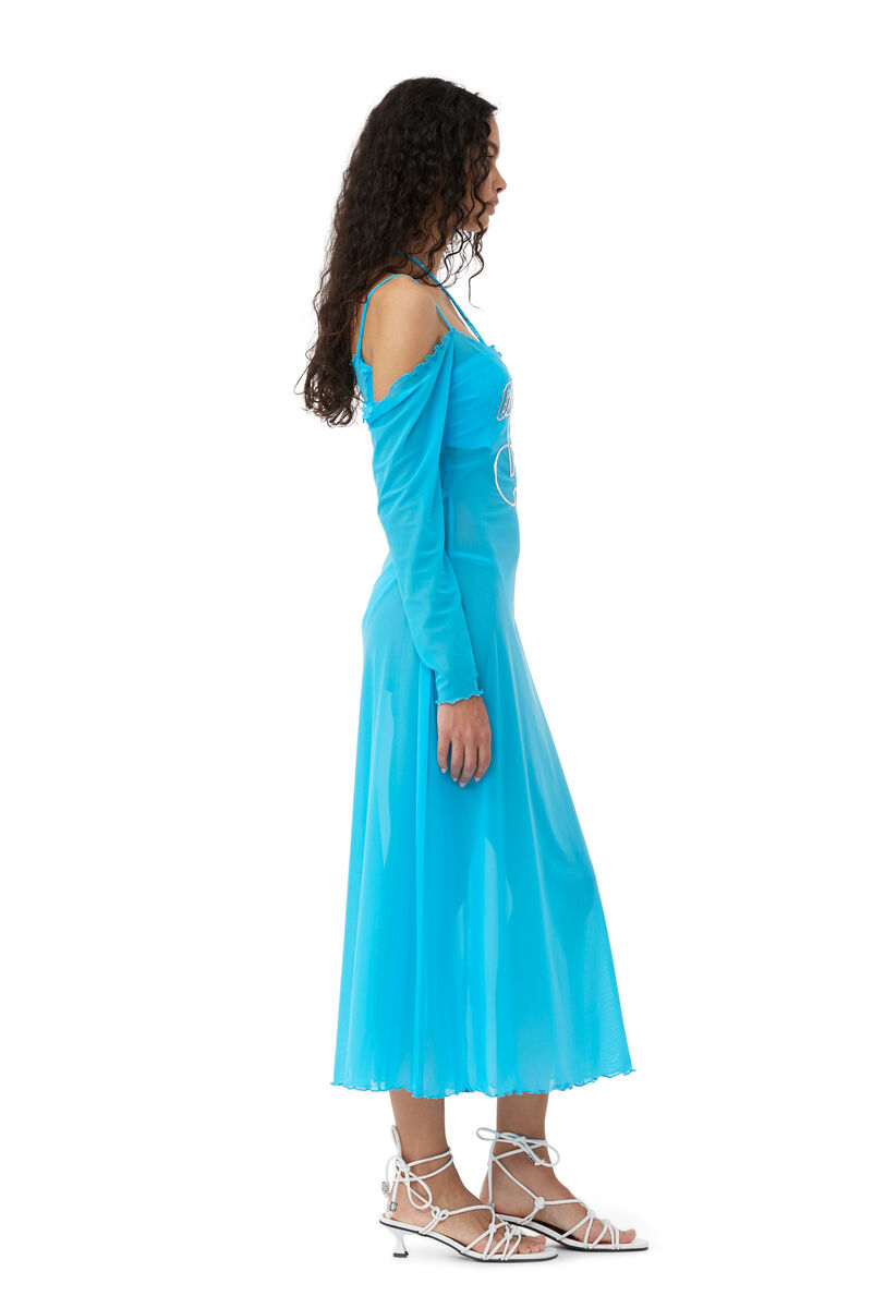 GANNI X ESTER MANAS Mesh Off Shoulder Dress, Recycled Nylon, in colour Bachelor Blue - 7 - GANNI