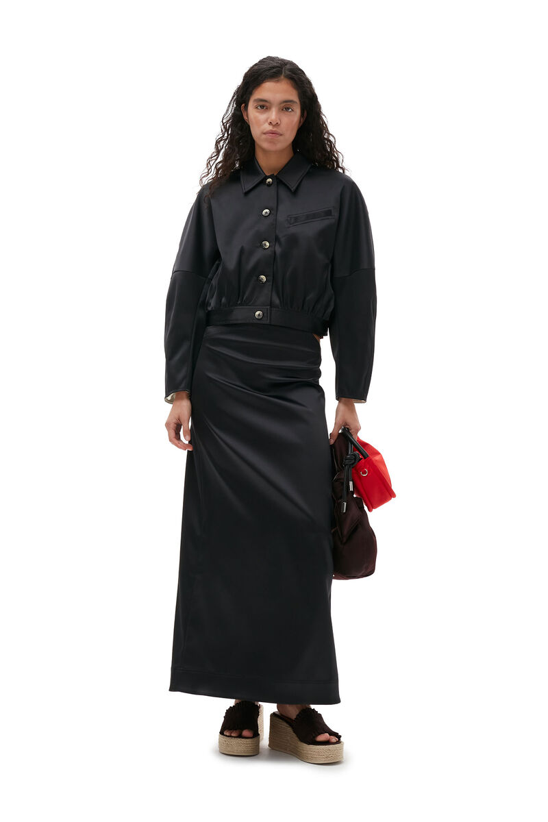 Double Satin Short Jacket, Elastane, in colour Black - 1 - GANNI