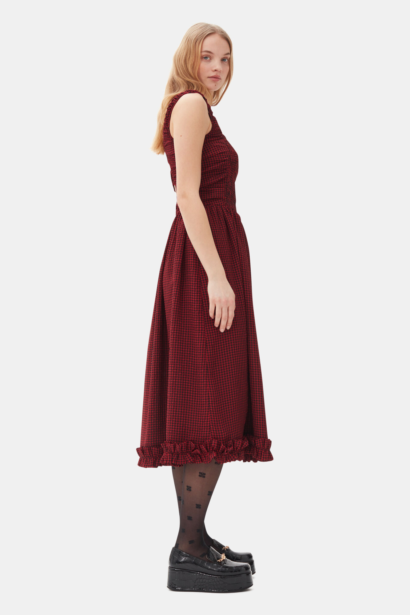 Red Sheer Midi Strap Smock Dress, Recycled Polyester, in colour Winery - 3 - GANNI