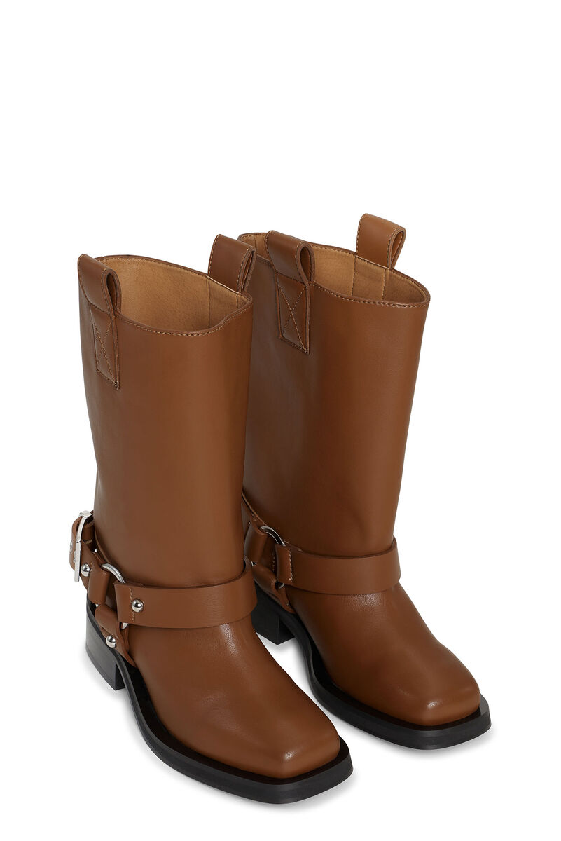 Brown Biker Mid Shaft Boots, Polyester, in colour Cognac - 2 - GANNI