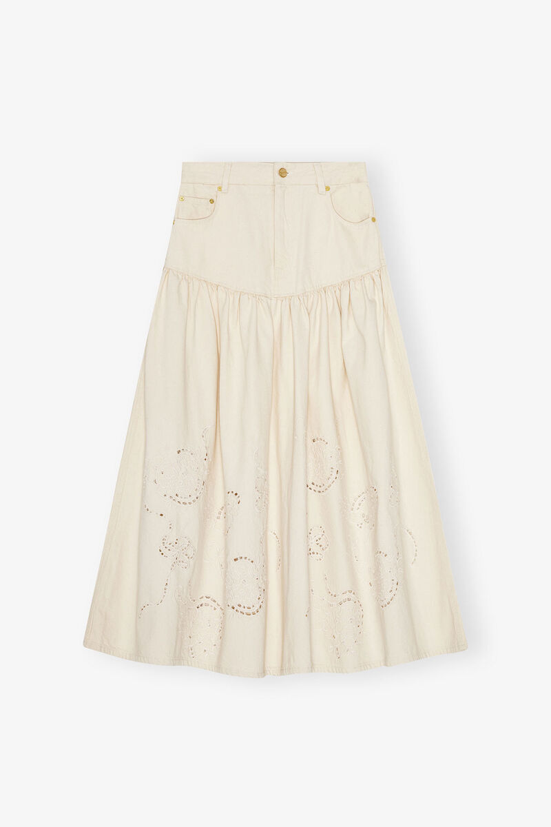 Broderie Anglaise Denim Skirt, Cotton, in colour Egret - 1 - GANNI