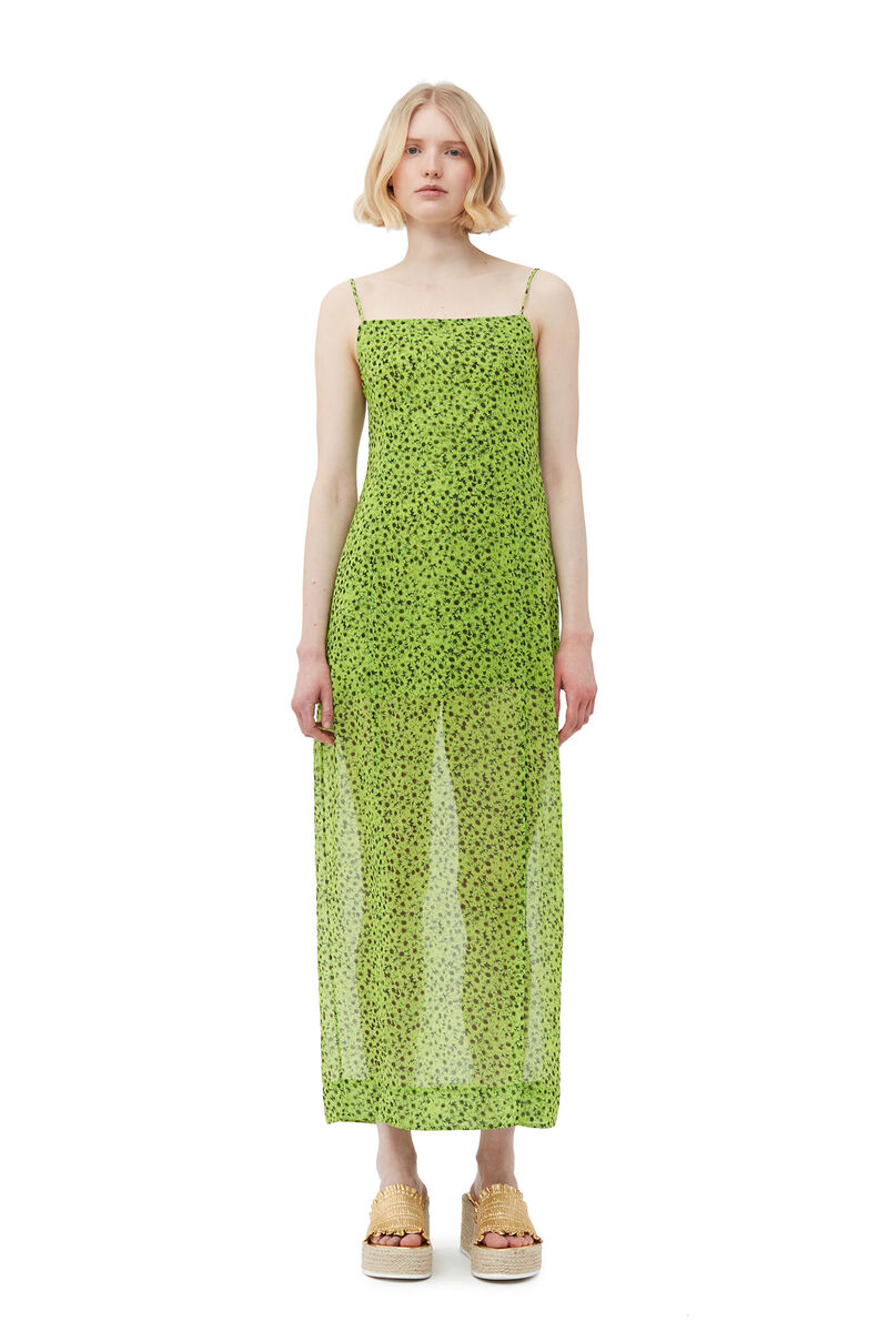 Chiffon Midi Slip Dress, Recycled Polyester, in colour Tender Shoots - 1 - GANNI