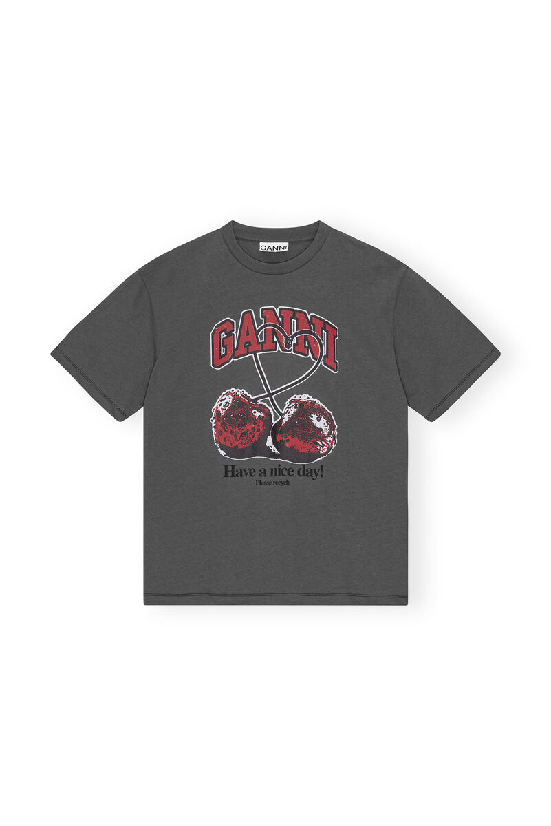 Future Grey Relaxed Cherry-T-skjorte, Organic Cotton, in colour Volcanic Ash - 1 - GANNI