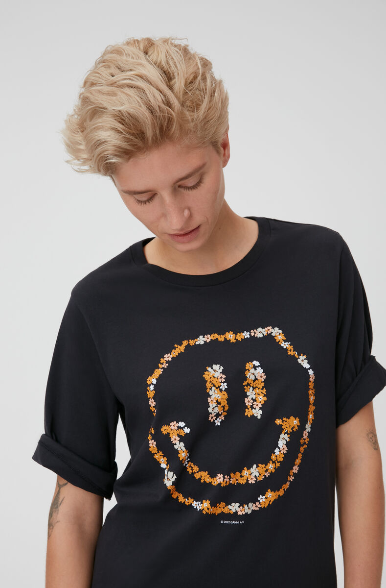 Smiley Tee, Cotton, in colour Phantom - 1 - GANNI