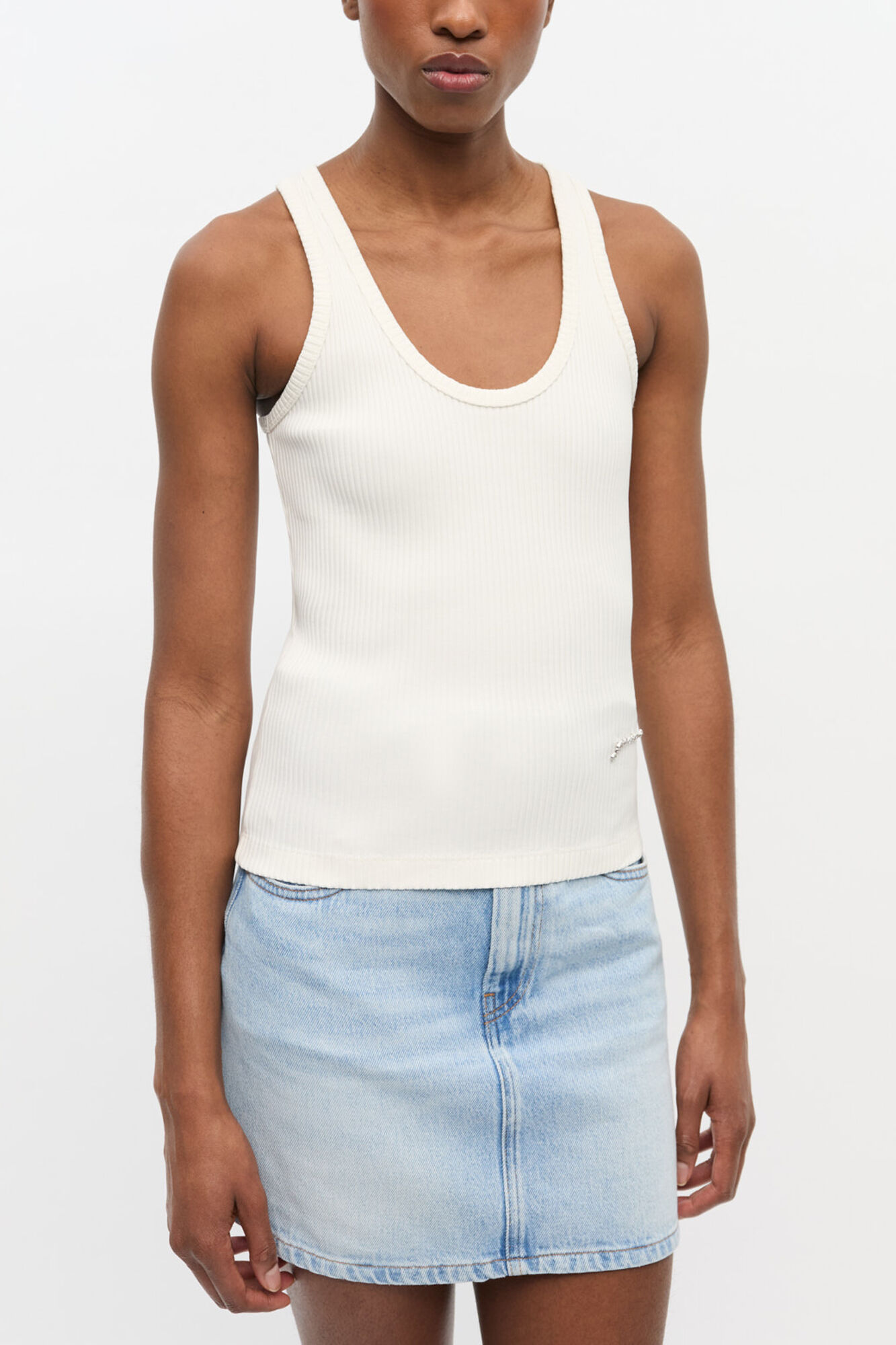 Ivory Ribbed Tank Top, Organic Cotton, in colour Egret - 1 - GANNI