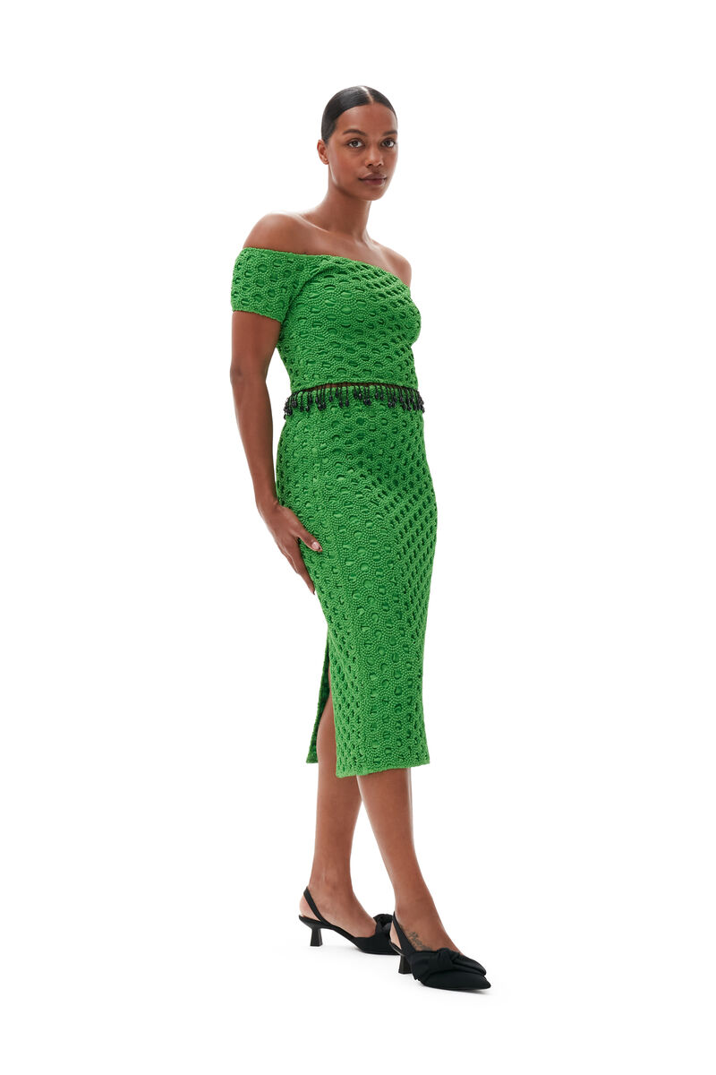 Smocked Satin Off Shoulder Top, Polyester, in colour Classic Green - 1 - GANNI