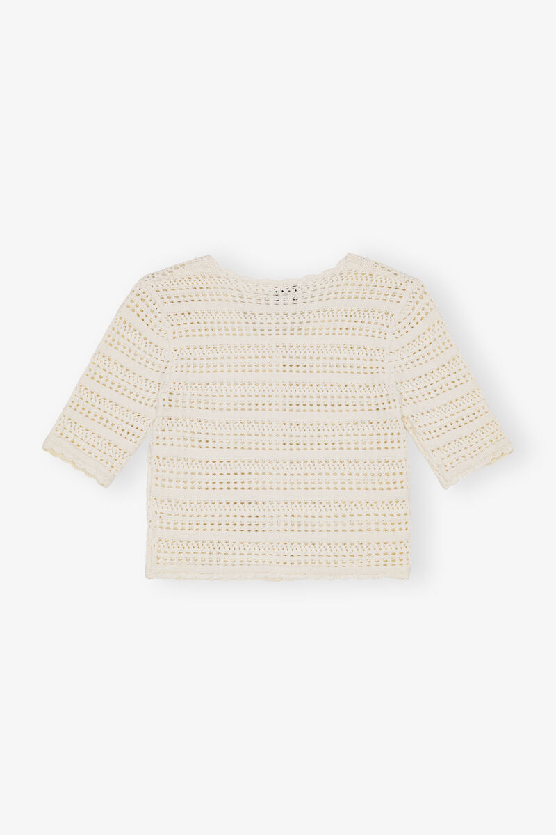 Ivory Pointelle Short Sleeve Cardigan, Cotton, in colour Egret - 2 - GANNI