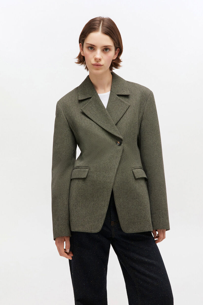 Green Mouline Blazer, Organic Cotton, in colour Forest Night - 2 - GANNI